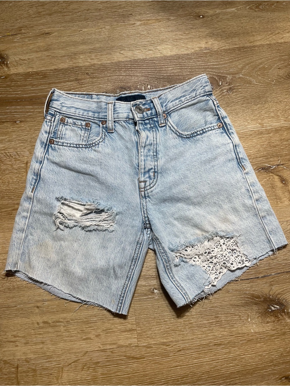 Aeropostale Light Blue Distressed Denim Shorts with Lace Accent